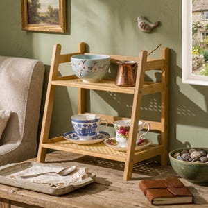 Puede incluir: Una estanter&iacute;a de madera de tres niveles exhibe una variedad de tazas de t&eacute;, platillos y un cuenco. La estanter&iacute;a contiene un cuenco floral azul y blanco, una cafetera de cobre y dos tazas de t&eacute; con platillos a juego. Una peque&ntilde;a decoraci&oacute;n de p&aacute;jaro est&aacute; montada en la pared.