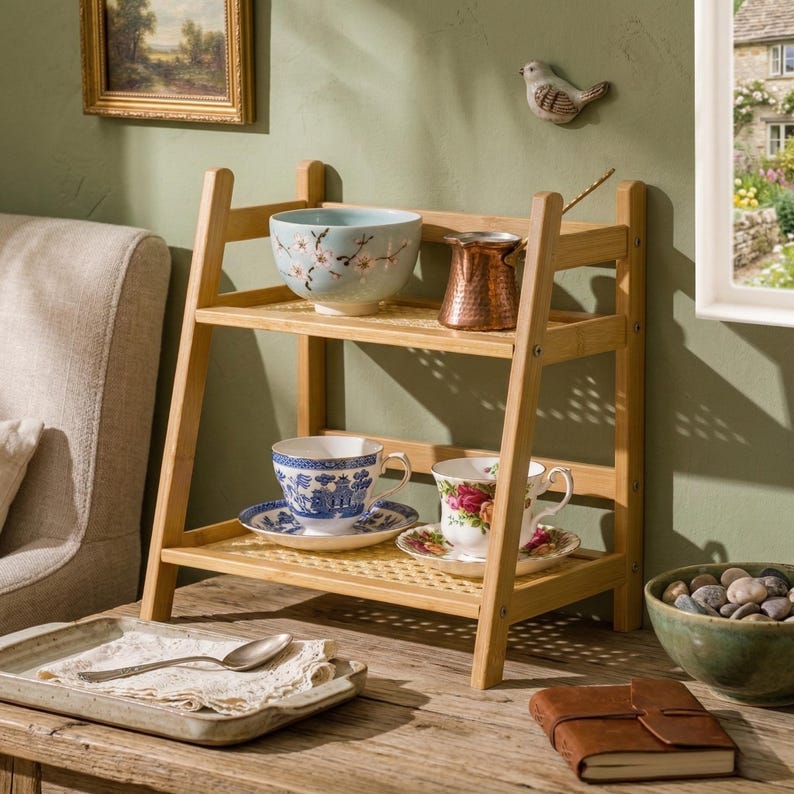 Puede incluir: Una estanter&iacute;a de madera de tres niveles exhibe una variedad de tazas de t&eacute;, platillos y un cuenco. La estanter&iacute;a contiene un cuenco floral azul y blanco, una cafetera de cobre y dos tazas de t&eacute; con platillos a juego. Una peque&ntilde;a decoraci&oacute;n de p&aacute;jaro est&aacute; montada en la pared.