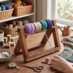 Op de afbeelding: Een houten garenstandaard met een horizontale stang die vier klossen garen in paars, beige, groenblauw en donkerblauw vasthoudt. De standaard heeft een driehoekig frame. Een metalen vingerhoed, een schaar en een meetlint liggen op het oppervlak.