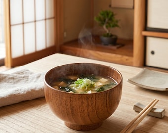 Bol de ramen de madera de acacia, bol de sopa japonés, vajilla rústica de estilo granja.