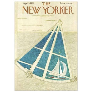 May include: Vintage New Yorker magazine cover from Sept. 3, 1955, featuring a nautical theme. The illustration shows a sailboat within a stylized instrument, with the sea in the background. The magazine title and date are printed at the top.