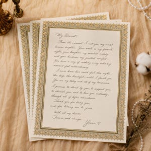 May include: Three cream-coloured stationery sheets with ornate gold borders and handwritten text. The text reads "My Dearest" followed by a romantic message. The paper is stacked on a textured, light-coloured surface.