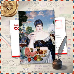 Postal de té de la esposa del comerciante, ilustración romántica, tarjeta de Postcrossing, suministros para álbumes de recortes