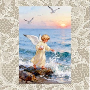 May include: A serene image of a child angel with wings, standing on rocks at the seashore. The angel, dressed in a cream-colored robe, holds a seashell and touches the water. Seagulls fly in the sky as the sun sets over the ocean.