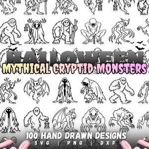 May include: A collection of 100 black and white hand-drawn digital illustrations featuring various mythical cryptid monsters, including figures like Bigfoot, winged creatures, and hooded entities, with the text HALLOWEEN MYTHICAL CRYPTID MONSTERS.