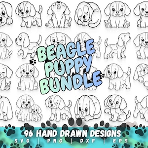 May include: A collection of black and white line art illustrations featuring various beagle puppies in different poses. The central text reads BEAGLE PUPPY BUNDLE, while the bottom text states 96 HAND DRAWN DESIGNS SVG PNG DXF EPS.