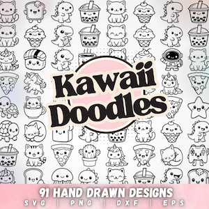Paquete de garabatos kawaii SVG, 91 diseños, archivos de corte Cricut (svg, png, dxf, eps, pdf)