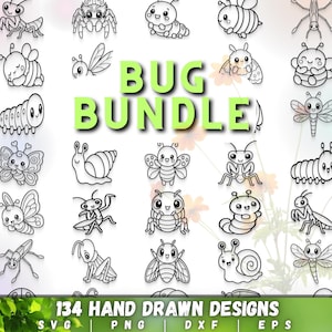 Op de afbeelding: Een verzameling van 134 handgetekende insectenontwerpen in zwart en wit. De afbeelding toont verschillende insecten zoals vlinders, bijen en slakken, met de woorden "BUG BUNDLE" in het groen. De ontwerpen zijn beschikbaar in SVG-, PNG-, DXF- en EPS-formaten.