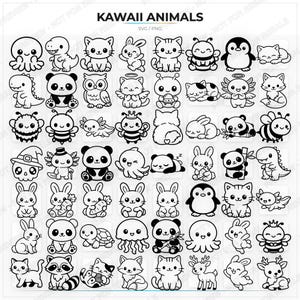 May include: A collection of black and white Kawaii animal illustrations, including an octopus, cat, bunny, penguin, panda, owl, bee, and more. The text "KAWAII ANIMALS" is at the top, with "SVG / PNG" below it.