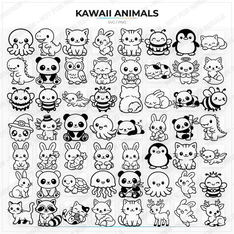 May include: A collection of black and white Kawaii animal illustrations, including an octopus, cat, bunny, penguin, panda, owl, bee, and more. The text "KAWAII ANIMALS" is at the top, with "SVG / PNG" below it.