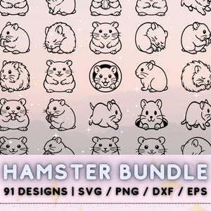 May include: A collection of 25 black and white hamster illustrations in various poses. The image includes the text "HAMSTER BUNDLE" and "91 DESIGNS | SVG / PNG / DXF / EPS". The hamsters are depicted in different activities.