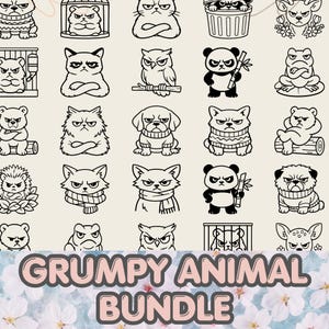 Puede incluir: Colección de ilustraciones en blanco y negro de animales gruñones, incluyendo gatos, perros, pandas y búhos. La frase "GRUMPY ANIMAL BUNDLE" se muestra en una fuente rosa y marrón en la parte inferior de la imagen.