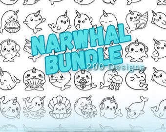 200 Hand Drawn Narwhal Designs Bundle (svg, png, dxf, eps)