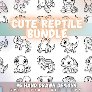 May include: A collection of hand-drawn, black and white illustrations of various reptiles, including lizards and turtles. The text "CUTE REPTILE BUNDLE" is displayed above the illustrations, with the text "95 HAND DRAWN DESIGNS" below.