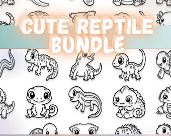 Kawaii Reptile Clipart Bundle, Lizard, Turtle, Gecko, Snake Illustrations (svg, png, eps, dxf)