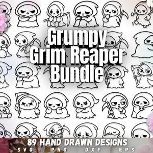 Może przedstawiać: Kolekcja 89 ręcznie rysowanych czarno-białych ilustracji ponurych żniwiarzy. Tekst "Grumpy Grim Reaper Bundle" jest wyświetlany na środku. Projekty obejmują różne pozy i wyrażenia.
