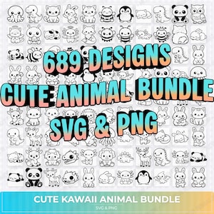 May include: A collection of 689 cute animal designs in SVG and PNG formats. The image features various cartoon animals, including cats, bunnies, pandas, and penguins. The text "CUTE ANIMAL BUNDLE" and "CUTE KAWAII ANIMAL BUNDLE" are displayed prominently.