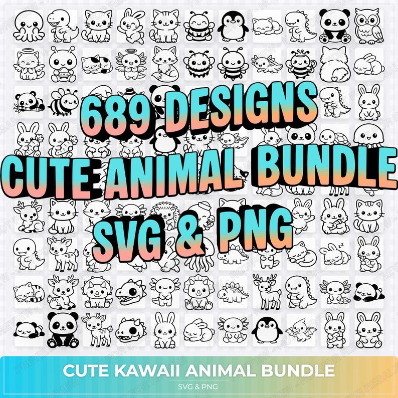 May include: A collection of 689 cute animal designs in SVG and PNG formats. The image features various cartoon animals, including cats, bunnies, pandas, and penguins. The text "CUTE ANIMAL BUNDLE" and "CUTE KAWAII ANIMAL BUNDLE" are displayed prominently.