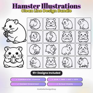 May include: Black and white hamster illustrations in various poses, part of a clean line design bundle. The image includes the text "Hamster Illustrations Clean Line Design Bundle" and "91+ Designs Included". Includes commercial license, instant download, and Cricut ready.