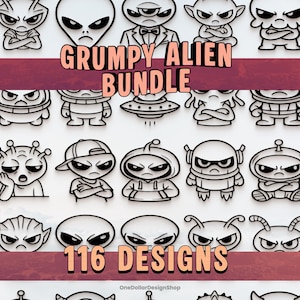 Può includere: Una collezione di disegni di alieni scontrosi in bianco e nero. L'immagine presenta varie illustrazioni di alieni con abiti ed espressioni diverse. Il testo recita "GRUMPY ALIEN BUNDLE" e "116 DESIGNS".
