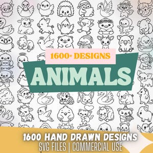 May include: A collection of hand-drawn animal designs in black and white. The image features various animals, including birds, pigs, and bears. Text on the image reads "1600+ DESIGNS" and "ANIMALS". Below, the text reads "1600 HAND DRAWN DESIGNS SVG FILES | COMMERCIAL USE".