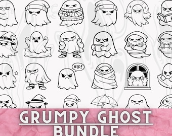 Grumpy Ghost Illustrations Bundle: Spooky, Fun and Adorable Digital Download SVG PNG DXS Files