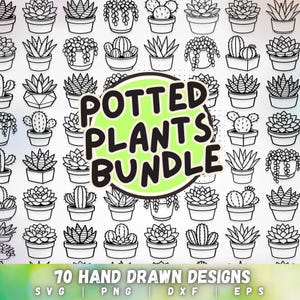 Op de afbeelding: Zwart-wit handgetekende illustraties van diverse potplanten, waaronder vetplanten en cactussen. De afbeelding bevat de tekst "Potted Plants Bundle" en "70 Hand Drawn Designs" met bestandstype-opties.