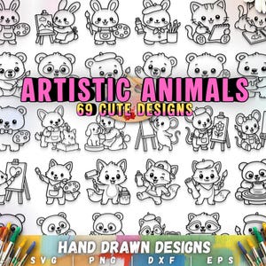 May include: A collection of 69 hand-drawn artistic animal designs in black and white. The designs include various animals such as bears, bunnies, cats, and foxes, each depicted with artistic tools and accessories. The text "ARTISTIC ANIMALS" and "69 CUTE DESIGNS" are displayed.