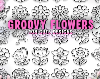 Groovy Flowers Clipart 108 Hand Drawn Designs (svg, png, dxf, eps)