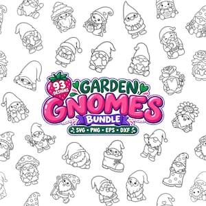 May include: A digital collection of 93 black and white line art gnome illustrations featuring various poses and accessories. The central logo displays the text 93 DESIGNS GARDEN GNOMES BUNDLE with SVG PNG EPS DXF file format labels below.