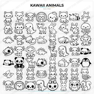 May include: A collection of black and white Kawaii animal illustrations, including cats, foxes, bunnies, dinosaurs, and more. The text "KAWAII ANIMALS" is at the top, with "SVG / PNG" below it.