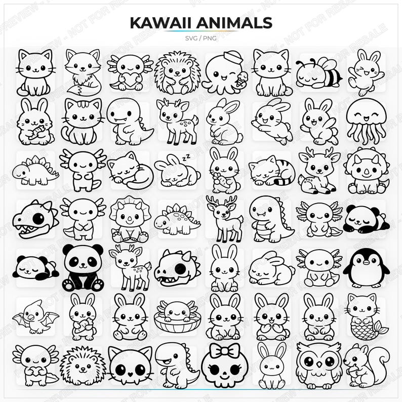 May include: A collection of black and white Kawaii animal illustrations, including cats, foxes, bunnies, dinosaurs, and more. The text "KAWAII ANIMALS" is at the top, with "SVG / PNG" below it.