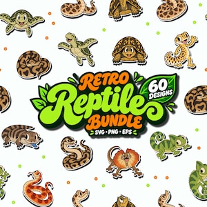 Pacchetto PNG di rettili/ Clipart di cartoni animati retrò con tubo di gomma, illustrazioni vintage di geco, camaleonte, serpente, tartaruga e coccodrillo.
