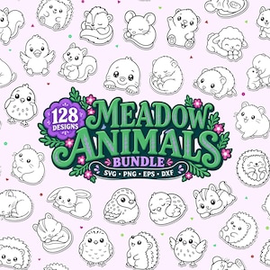 Peut inclure: Un motif graphique numérique présentant diverses illustrations au trait noir et blanc de petits animaux sur un fond rose clair. Le texte central indique 128 DESIGNS MEADOW ANIMALS BUNDLE SVG PNG EPS DXF en vert et violet.