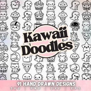 Peut inclure: Une collection de 91 dessins Kawaii dessinés à la main en noir et blanc. Les motifs comprennent des chats mignons, des dinosaures, des aliments comme des pizzas et des glaces, et d'autres personnages fantaisistes. Le texte "Kawaii Doodles" est également inclus.