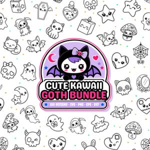 May include: A digital graphic bundle featuring a central emblem with a bat-winged character and the text CUTE KAWAII GOTH BUNDLE 100 DESIGNS SVG PNG EPS DXF. The background is a repeating pattern of black and white line art icons including ghosts, bats, skulls, mushrooms, and hearts.