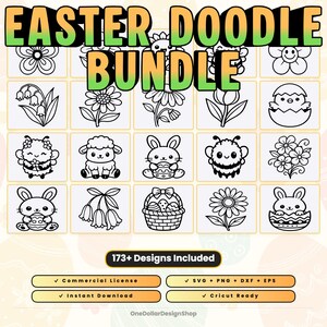 Könnte beinhalten: Grafik eines Easter Doodle Bundles mit über 173 Designs, darunter Blumen, Hasen und Küken. Das Bild enthält den Text "EASTER DOODLE BUNDLE" in Grün und Gelb sowie Symbole für kommerzielle Lizenz, SVG, PNG, DXF, EPS, Sofort-Download und Cricut Ready.