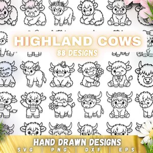 Pode incluir: Uma coleção de desenhos de vacas Highland desenhados à mão em preto e branco. A imagem inclui o texto "HIGHLAND COWS 88 DESIGNS" e "HAND DRAWN DESIGNS" com opções de tipo de arquivo: SVG, PNG, DXF e EPS.
