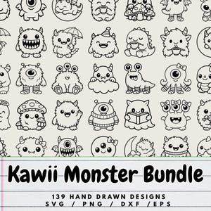 May include: A sheet of black and white Kawaii monster illustrations. The image showcases a variety of cute monster designs, some with horns, antennae, and multiple eyes. The text at the bottom reads "Kawaii Monster Bundle".