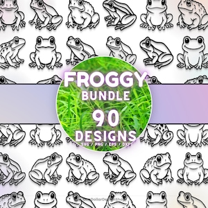 May include: A collection of 90 frog designs in black and white, arranged around a circular graphic with the text "FROGGY BUNDLE" and "90 DESIGNS". The graphic has a green grass background. The designs include various frog poses and styles.