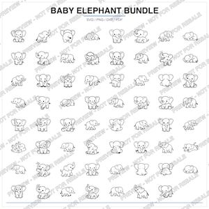 May include: A collection of black and white baby elephant illustrations in various poses. The image includes the text "BABY ELEPHANT BUNDLE" at the top, with file type options below. The elephants are in different positions.