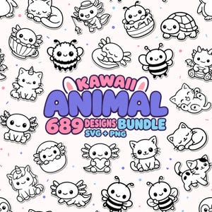689 Kawaii-Tier-Cliparts im Paket – SVG- und PNG-Dateien (Digitaler Download)