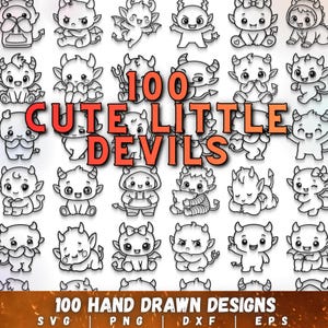May include: A collection of 100 hand-drawn illustrations of cute little devils in various poses. The illustrations are in black and white, with each devil having horns, wings, and a playful expression. The text "100 Cute Little Devils" is displayed in orange.