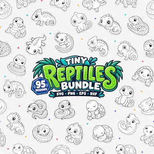 May include: A digital graphic pattern featuring various black and white line art illustrations of small reptiles and turtles. The central text reads Tiny Reptiles Bundle 95 Designs SVG PNG EPS DXF, surrounded by green palm leaves and small triangles.