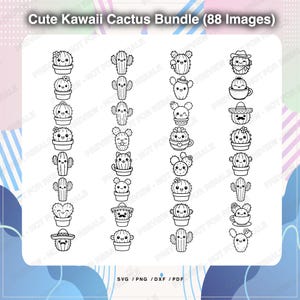 May include: A collection of 88 black and white kawaii cactus illustrations. The cacti are in various shapes and sizes, some with flowers, hats, or in pots. Text at the top reads "Cute Kawaii Cactus Bundle (88 Images)".