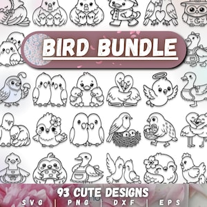 May include: A collection of 93 cute bird designs in black and white. The image features various bird illustrations, including families, pairs, and individual birds with different accessories. Text reads "BIRD BUNDLE" and "93 CUTE DESIGNS".