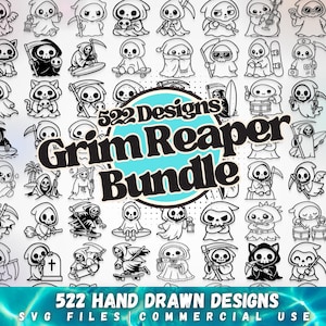 Liemannen SVG-paket, 522 dödsclipartdesigner, Halloween Reaper-klippfiler, kusliga skelettgrafik, gotisk Cricut SVG, digital nedladdning