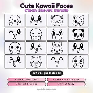Lot d'illustrations de visages kawaii - Pack de cliparts expression dessin animé (svg, png, dxf, eps)