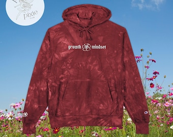 embroidered growth mindset tie-dye champion® hoodie | red, navy blue, or black | size S-2XL | cozy festival, fall, & cottagecore pullover