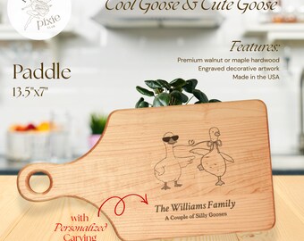 a couple of silly gooses maple cutting board | personalized + engraved  | paddle 13.5"x 7" | cool goose & cute goose design